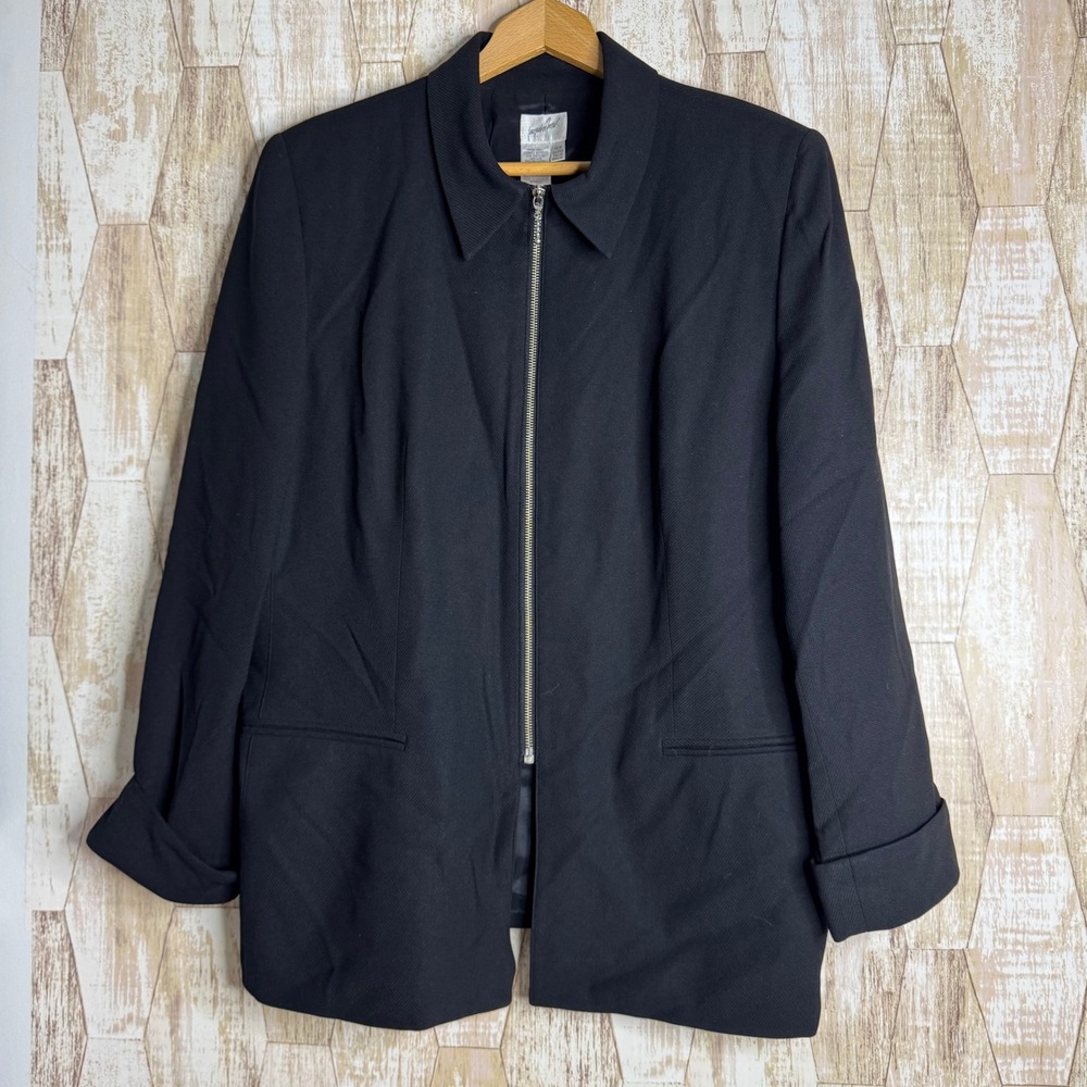Jacqueline Ferrar Womens 16W Black Zip Up Blazer Jacket Collared Cuffed Sleeve